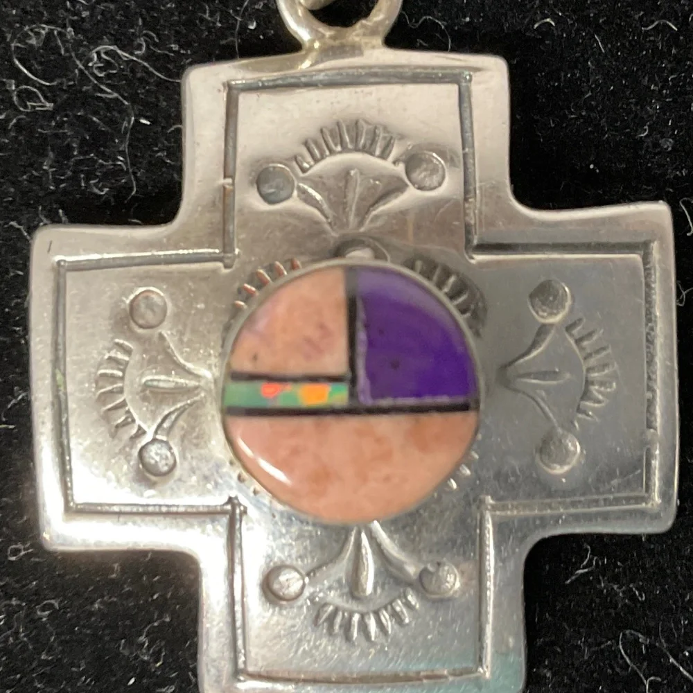 Sterling Silver Cross Pendant w/ Inlay Design - Picture 6 of 6